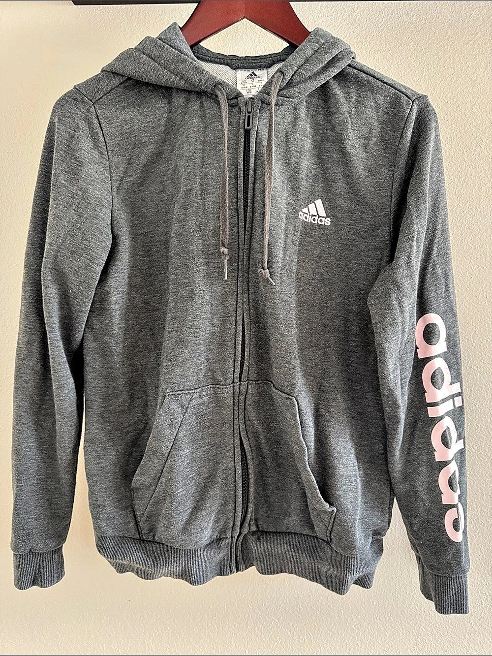 adidas Essentials Linear Full Zip Hoodie Gray & Pink Size Medium
